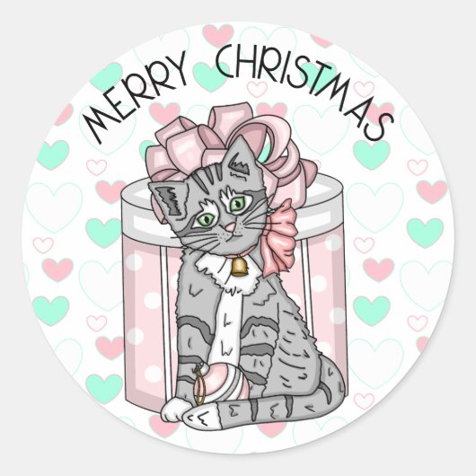 Sweet Merry kerst Grijze Kitten Roze Cadeaus Ronde Sticker (Voorkant)