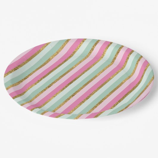 Sweet Mint Green Pink en Gold Stripes Papieren Bordje (Gekanteld)