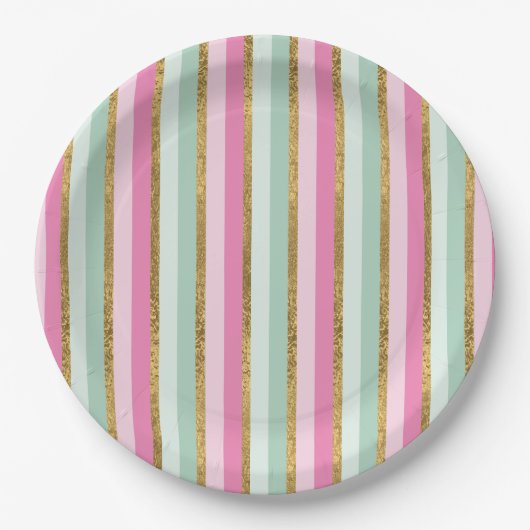 Sweet Mint Green Pink en Gold Stripes Papieren Bordje (Voorkant)