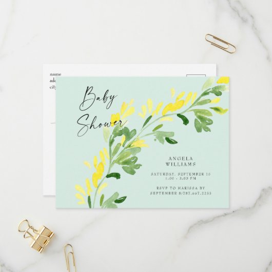 Sweet Mint Yellow Wildbloemen Baby shower Uitnodiging Briefkaart (Voorkant / Achterkant in situ)