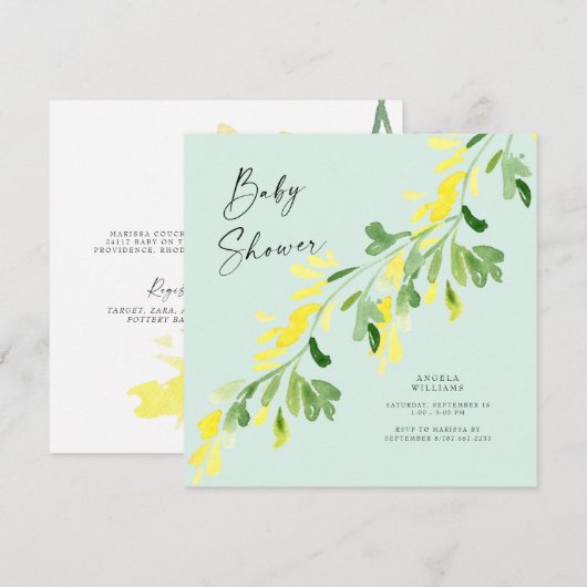 Sweet Mint Yellow Wildflower Baby shower Square Kaart (Voorkant / Achterkant)