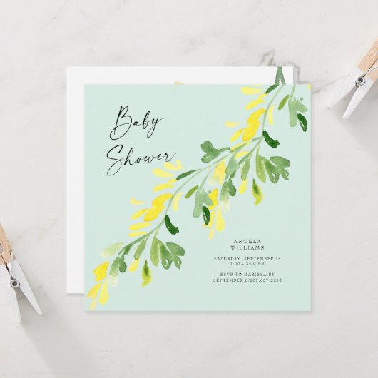 Sweet Mint Yellow Wildflower Baby shower Square Kaart (Voorkant / Achterkant in situ)