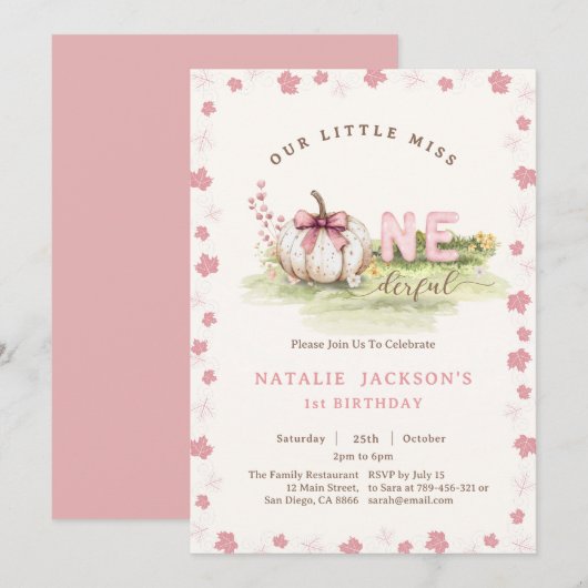 Sweet Miss Onederful Pink Bow Pumpkin 1st Birthday Kaart (Voorkant / Achterkant)