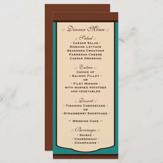 Sweet Mocha & Blauwgroen bruiloft Receptie Menu's (Voorkant / Achterkant)