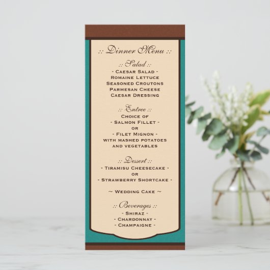Sweet Mocha & Blauwgroen bruiloft Receptie Menu's (Staand voorkant)
