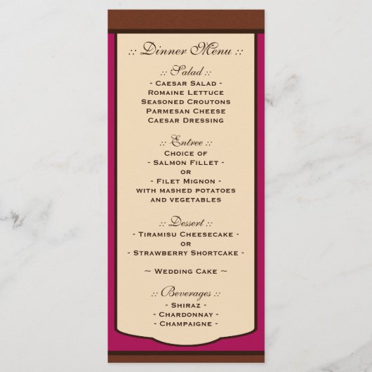 Sweet Mocha & Fuchsia Wedding Receptie Menu's (Voorkant)