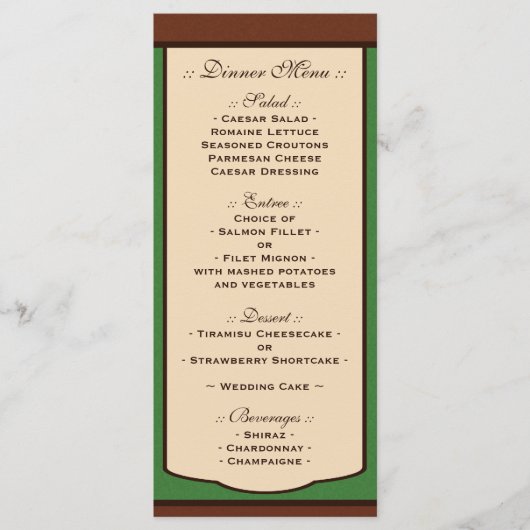 Sweet Mocha & Green Wedding Reception Menus Menu (Voorkant)