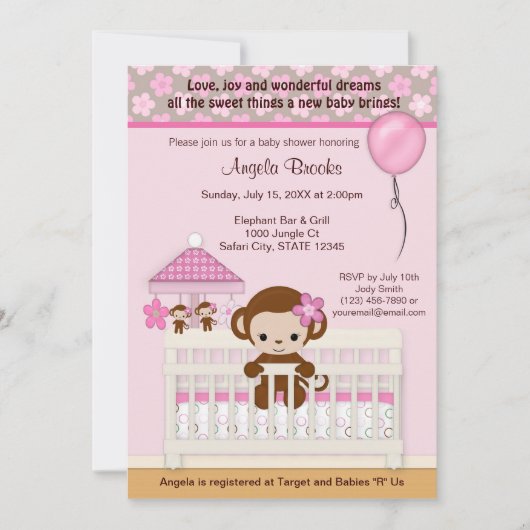 Sweet MONKEY Baby shower Invitation SM-K roze Kaart (Voorkant)