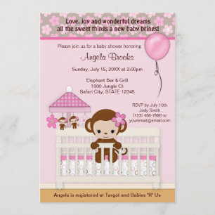 Sweet MONKEY Baby shower Invitation SM-K roze Kaart