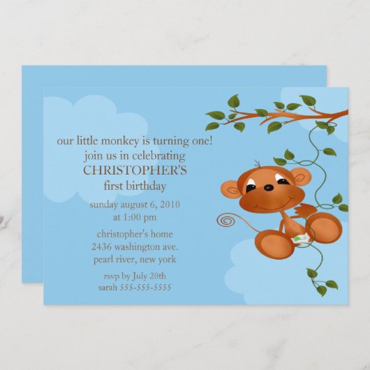 Sweet Monkey Kids Birthday Uitnodiging (Voorkant / Achterkant)