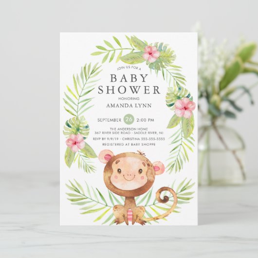 Sweet Monkey Meisje Baby shower Uitnodiging (Staand voorkant)