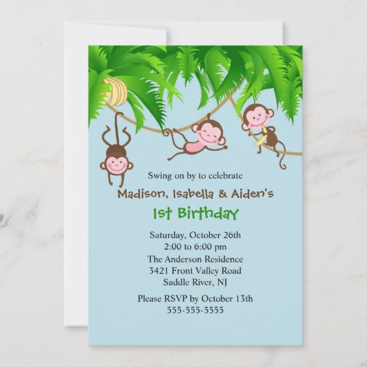 Sweet Monkeys Triplets Birthday Invitation Kaart (Voorkant)