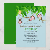 Sweet Monkeys Triplets Birthday Invitation Kaart (Voorkant / Achterkant)