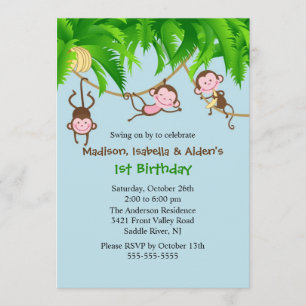 Sweet Monkeys Triplets Birthday Invitation Kaart