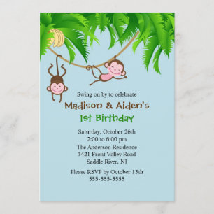 Sweet Monkeys Twin Birthday Invitation Kaart