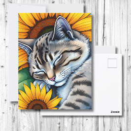 Sweet Napping Gray Cat and Sunflower Briefkaart