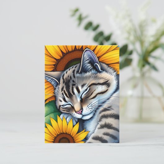 Sweet Napping Gray Cat and Sunflower Briefkaart (Staand voorkant)