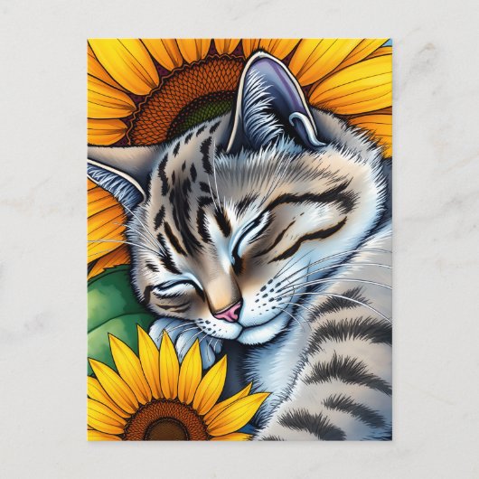 Sweet Napping Gray Cat and Sunflower Briefkaart (Voorkant)