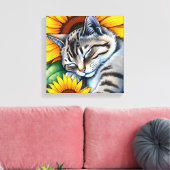 Sweet Napping Gray Cat and Sunflower Canvas Afdruk (Insitu (Woonkamer))