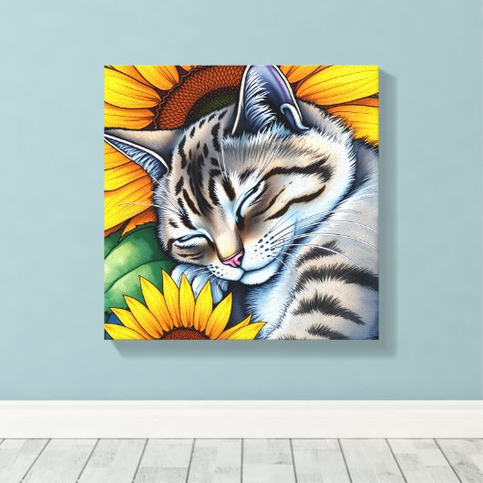 Sweet Napping Gray Cat and Sunflower Canvas Afdruk (Insitu (Houten vloer))