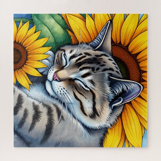 Sweet Napping Gray Cat and Sunflower Legpuzzel (Horizontaal)