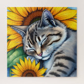 Sweet Napping Gray Cat and Sunflower Legpuzzel (Verticaal)