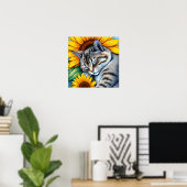 Sweet Napping Gray Cat and Sunflower Poster (Thuiskantoor)