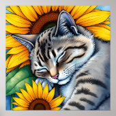 Sweet Napping Gray Cat and Sunflower Poster (Voorkant)