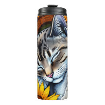 Sweet Napping Gray Cat and Sunflower