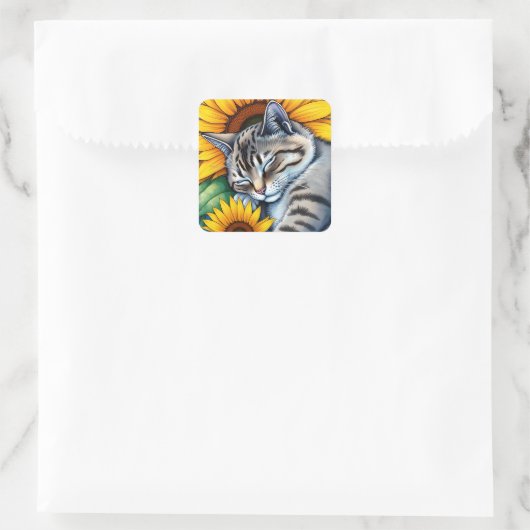Sweet Napping Gray Cat and Sunflower Vierkante Sticker (Tas)