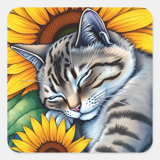 Sweet Napping Gray Cat and Sunflower Vierkante Sticker (Voorkant)