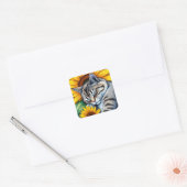 Sweet Napping Gray Cat and Sunflower Vierkante Sticker (Envelop)