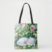 Sweet Napping White Kitten onder een Rozen Struik Tote Bag (Voorkant)