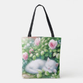 Sweet Napping White Kitten onder een Rozen Struik Tote Bag (Achterkant)