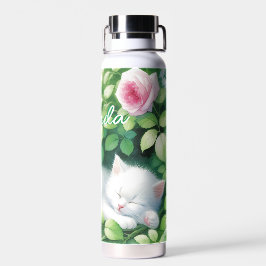 Sweet Napping White Kitten onder een Rozen Struik Waterfles