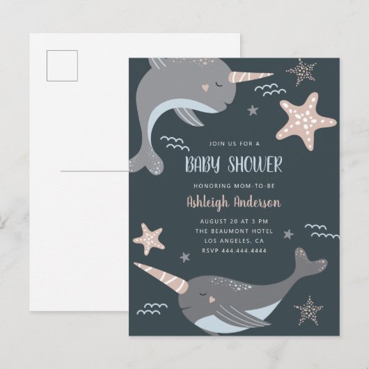 Sweet Narwhal Nautical Thormed Baby shower Uitnodiging Briefkaart (Voorkant / Achterkant)