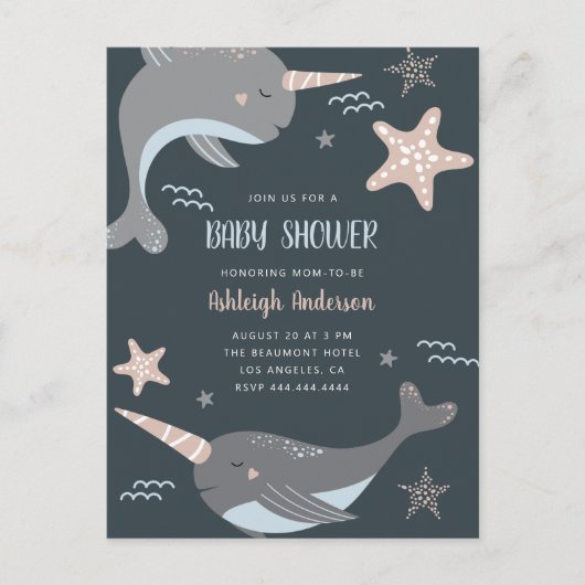 Sweet Narwhal Nautical Thormed Baby shower Uitnodiging Briefkaart (Voorkant)