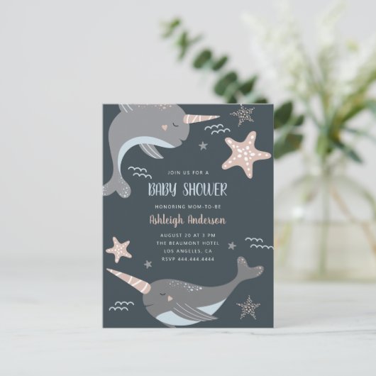 Sweet Narwhal Nautical Thormed Baby shower Uitnodiging Briefkaart (Staand voorkant)