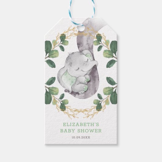 Sweet Neutral Elephant Green Gold Baby shower Cadeaulabel (Voorkant)