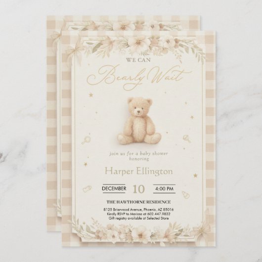 Sweet Neutral Teddy Bear Baby Shower Invite Kaart (Voorkant / Achterkant)
