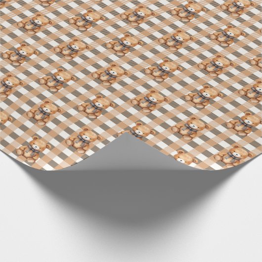 Sweet Neutral Teddy Bear Plaid  Cadeaupapier (Hoek)