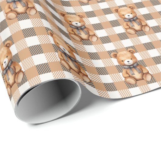 Sweet Neutral Teddy Bear Plaid Cadeaupapier (Rol Hoek)