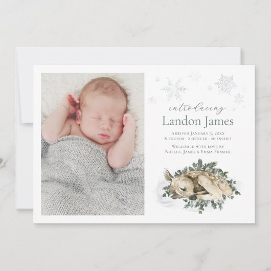 Sweet Newborn Deer Blue Green Baby Boy Photo Birth Aankondiging (Voorkant)