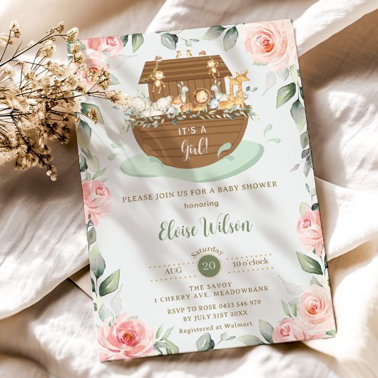 Sweet Noah's Ark Roze Bloemen Meisje Baby shower Kaart