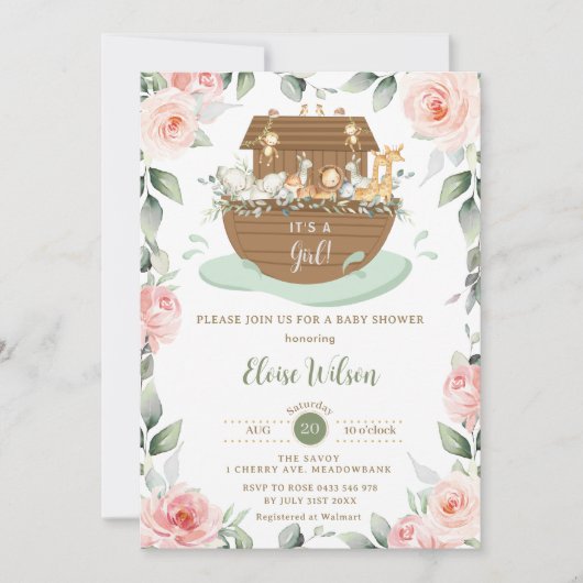 Sweet Noah's Ark Roze Bloemen Meisje Baby shower Kaart (Voorkant)