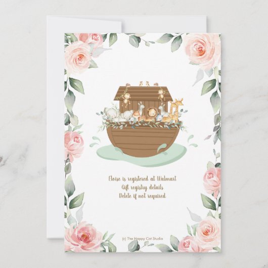 Sweet Noah's Ark Roze Bloemen Meisje Baby shower Kaart (Achterkant)