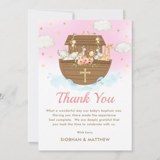 Sweet Noah's Ark Roze Meisje Doop Doop Bedankkaart (Voorkant)
