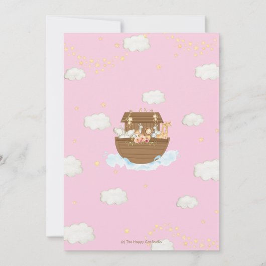 Sweet Noah's Ark Roze Meisje Doop Doop Bedankkaart (Achterkant)