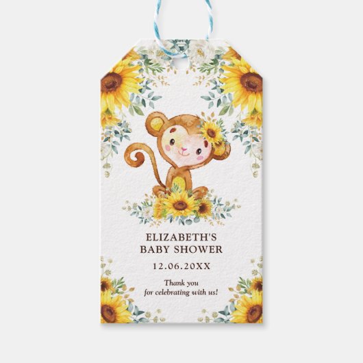 Sweet Oerwoud Monkey Zonnebloemen Baby shower Favo Cadeaulabel (Voorkant)