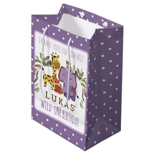 Sweet Oerwoud Safari Animal 1st Birthday Medium Cadeauzakje (Voorkant Gekanteld)